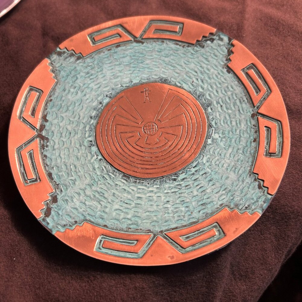 Handcrafted Copper Medicine Plate – Kokopelli with Turquoise Inlay